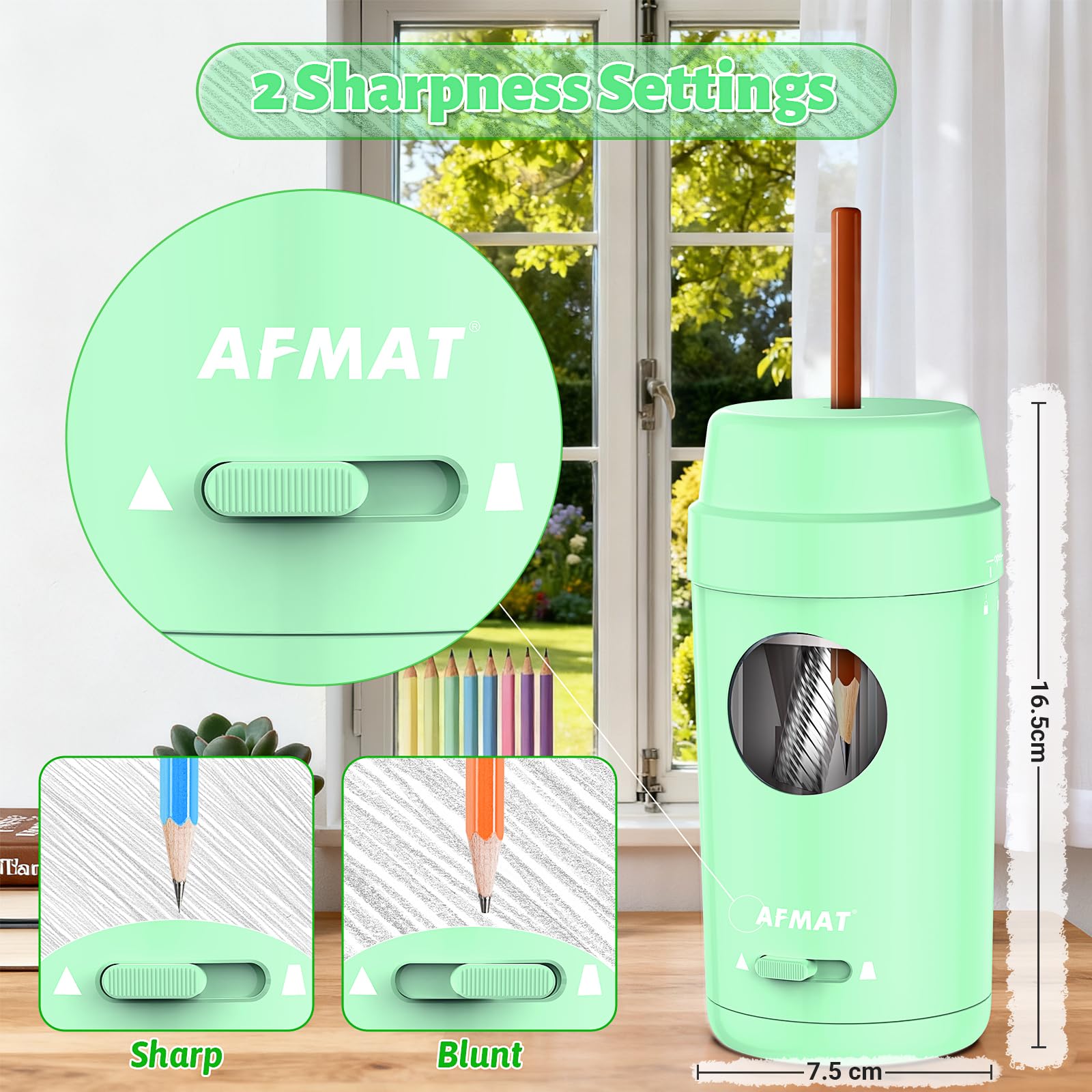 AFMAT Electric Pencil Sharpener for Colored Pencils 7-8 mm, Rechargeable Fully Automatic Pencil Sharpener with Container, Auto in&Out, Non-Slip Portable Electric Sharpener for Home,School,Green,PSX8 - Image 3