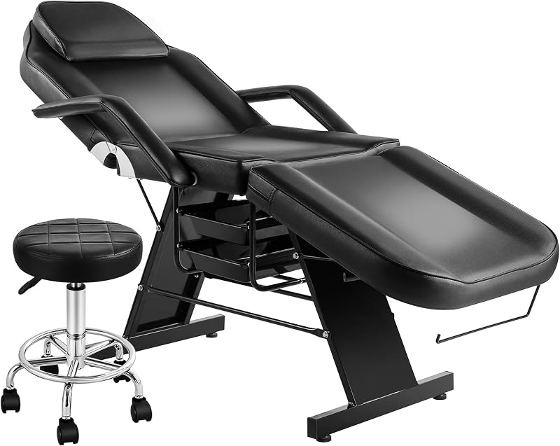 Silla de tatuaje para cliente, cama facial esteticista con taburete hidráulico, mesa de masaje de pestañas con 2 bandejas, cama de pestañas negra multiusos para artistas, spa, salón, equipo de belleza, negro