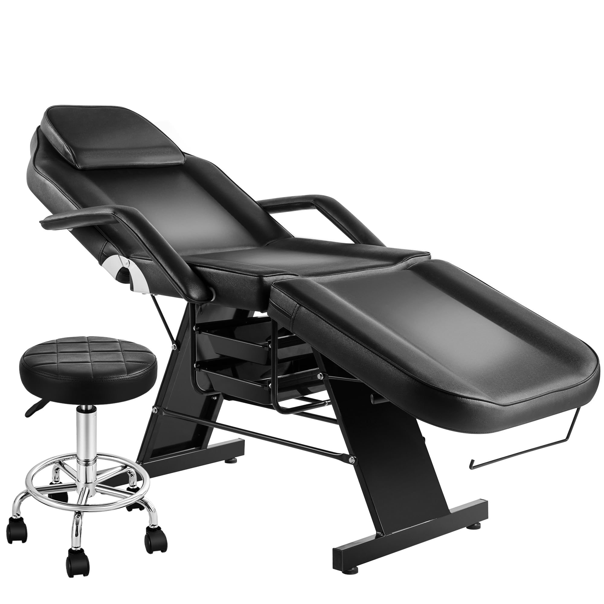 KIIUMI Tattoo Chair for Client, Esthetician Facial Bed with Hydraulic Stool, Lash Massage Table with 2-Tray, Multi-Purpose Black Lash Bed for Artist Spa Salon Beauty Equipment, Black