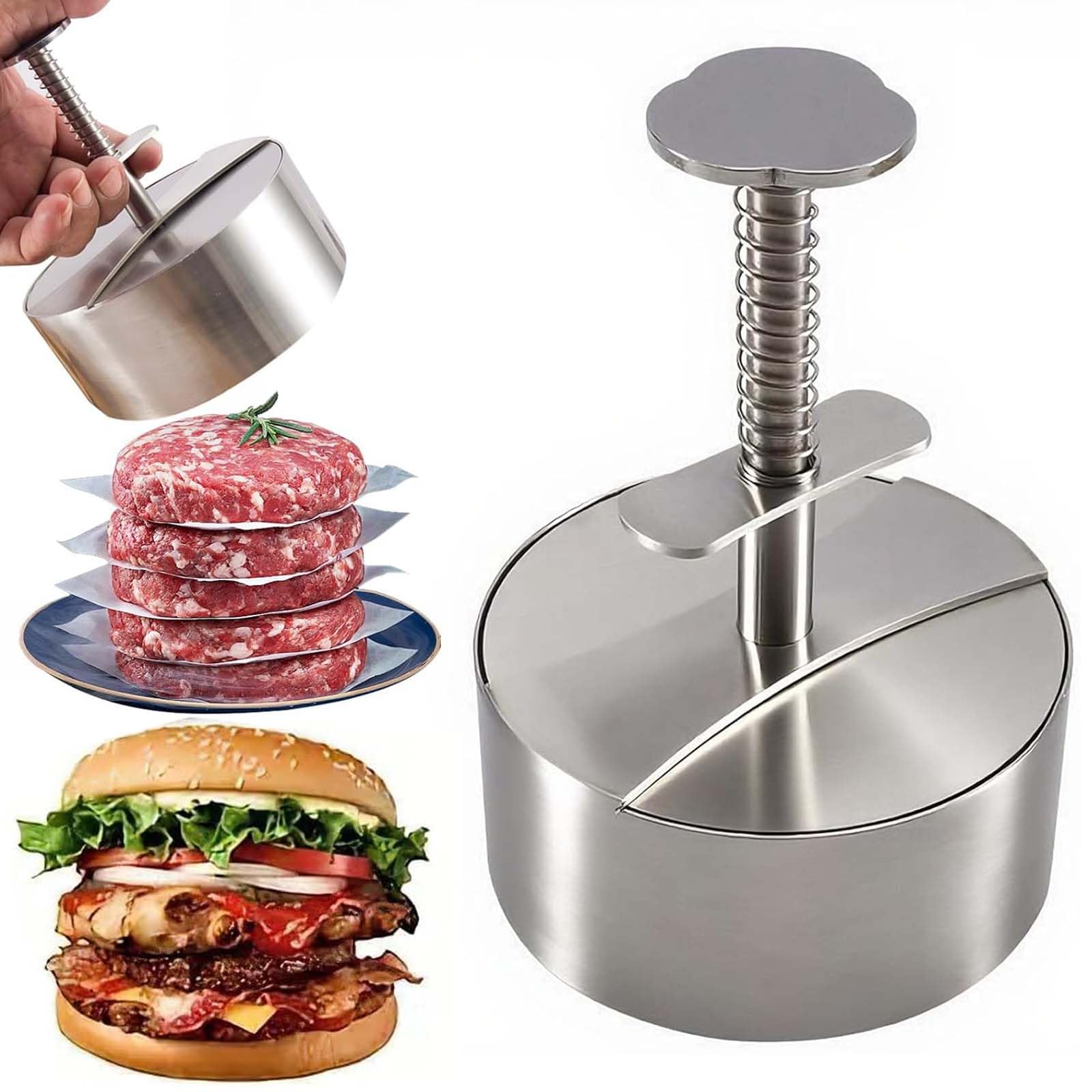 Presse à Steaks Hachés & Moule à Smash Burger en Acier Inoxydable, Qualité Alimentaire 304, Presse Réglable et Anti-Adhésive, Aussi en Mini-Poêle pour Cuisine, Camping et BBQ