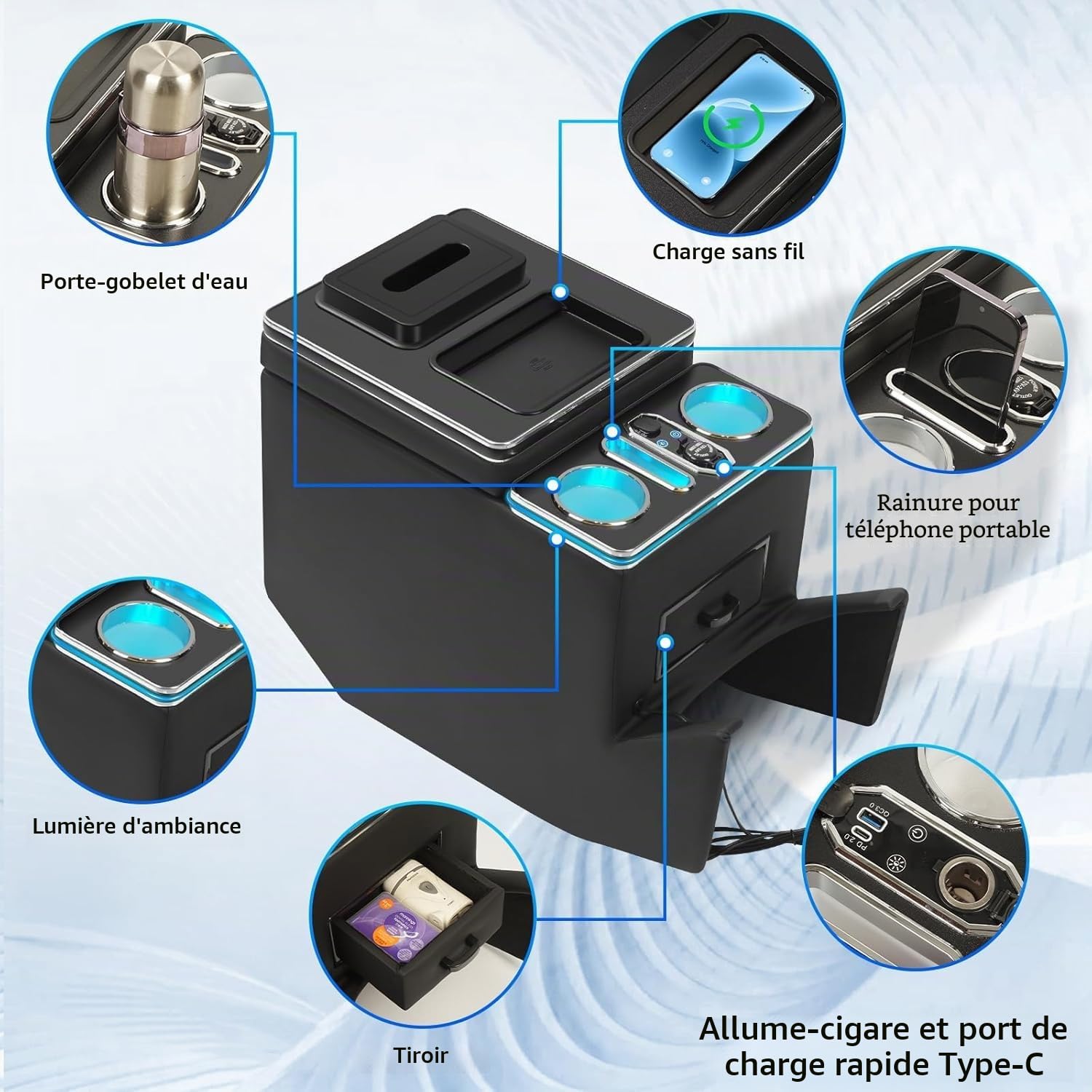 Armrest Box Storage Box with Wireless Charging, 7-Colour Ambient Light and 4 Brightness Levels, Suitable for Mercedes-Benz V-Class V220 V260 V250 V300 V300d W447 [EU Patent]