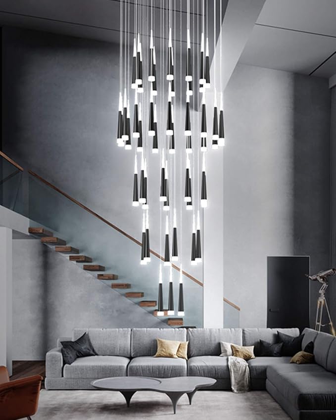 NSXBY Moderne Eenvoudige Conische Grote Hanger Verlichting, LED Trappen Kroonluchter Verlichting, Villa Duplex Gebouw, Eetkamer Licht, Nordic Creatief Licht Luxe Tijdens Lamp, Woonkamer Licht-Zwart warm licht 48t photo 2