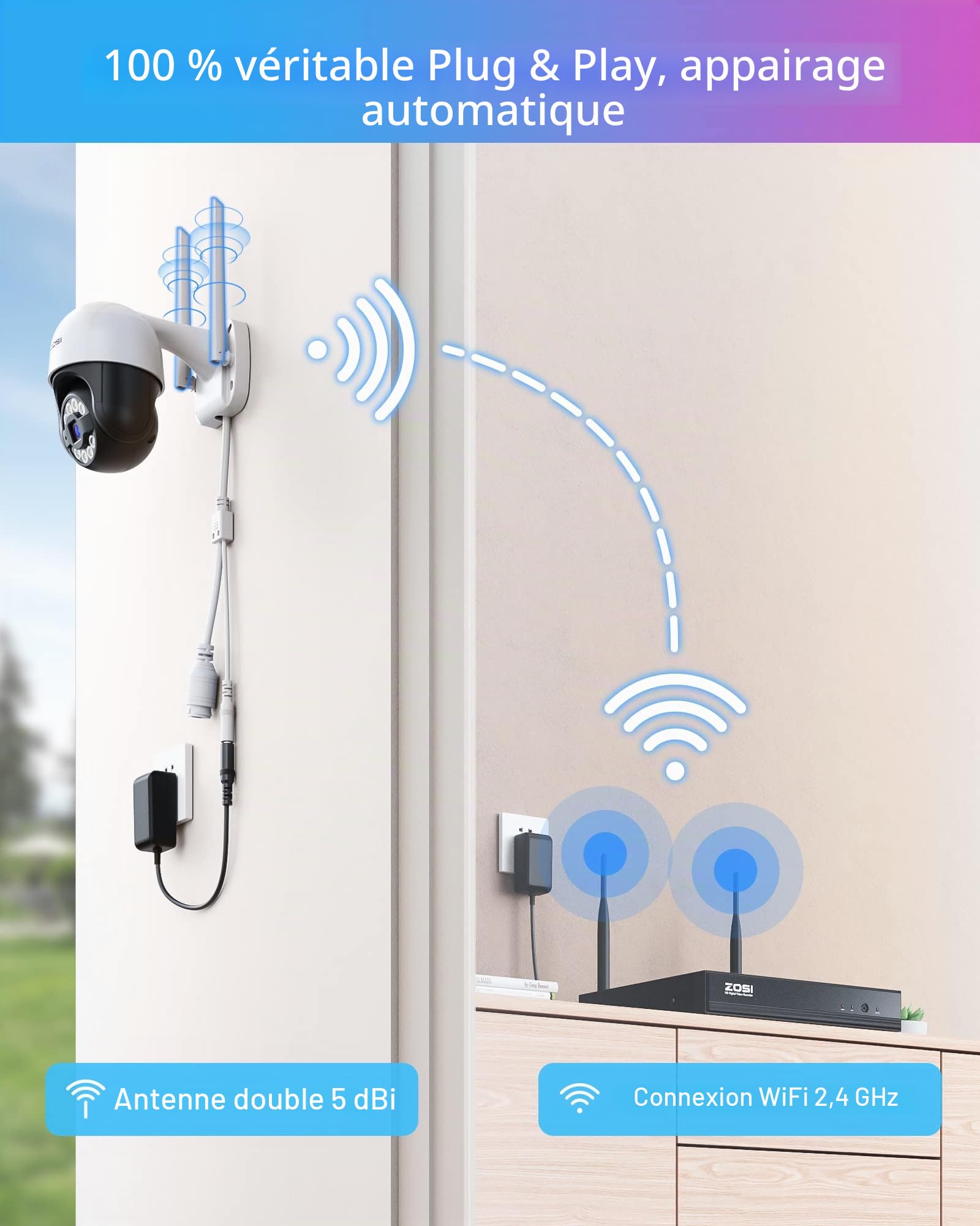 ZOSI Kit Caméra de Surveillance WiFi Extérieur 3MP, 4 Caméras IP Dôme PT 355°/140°, Audio Bidirectionnel, Détection de Personnes, Vision Nocturne Couleur, Alarme Lumière, sans Disque Dur
