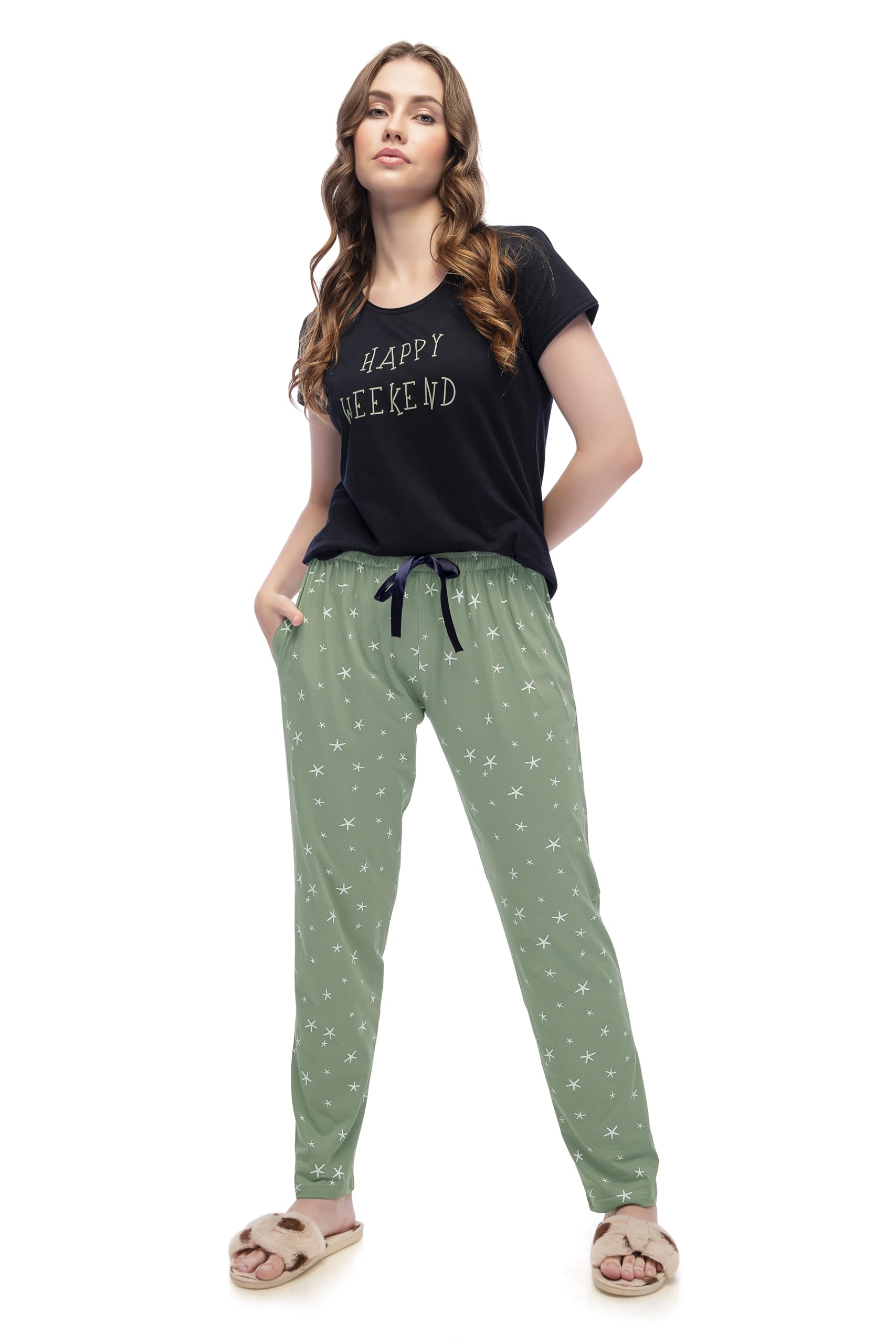 lotik Women's Cotton Leaves Printed Top & Payjama Half Sleeve Nightsuit Set-picture-29