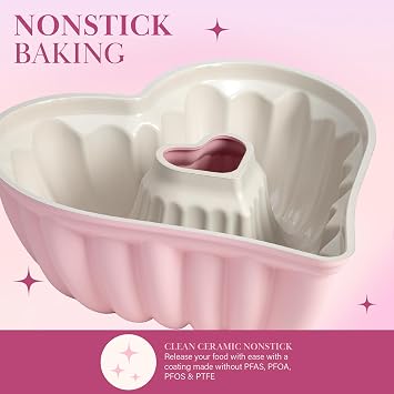 Paris Hilton Heart Shaped Fluted Cake Pan, Cast Aluminum with Clean Ceramic Nonstick Bakeware Fluted Tube Pan, Dishwasher Safe, Made without PFAS, PFOA, PFOS & PFTE, 9-Inch, Pink
