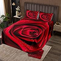 Vista 2 de Juego de colcha de rosas tamaño Queen, romántico juego de edredón floral de rosas rojas para niñas y mujeres, ropa de cama de rosa 3D con gota