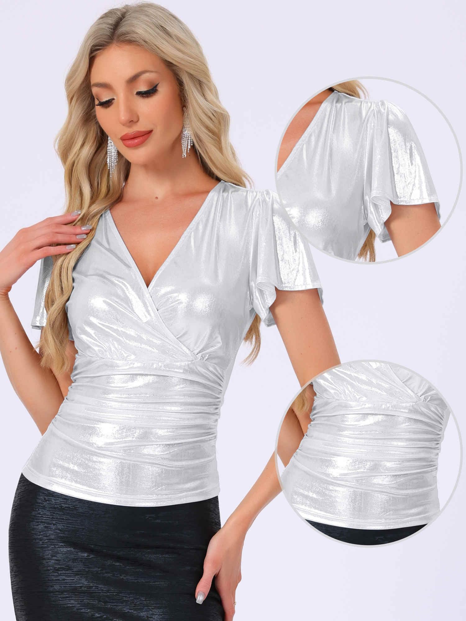 Allegra K Top estivo da donna con scollo a V e maniche a volant metallizzato lucido