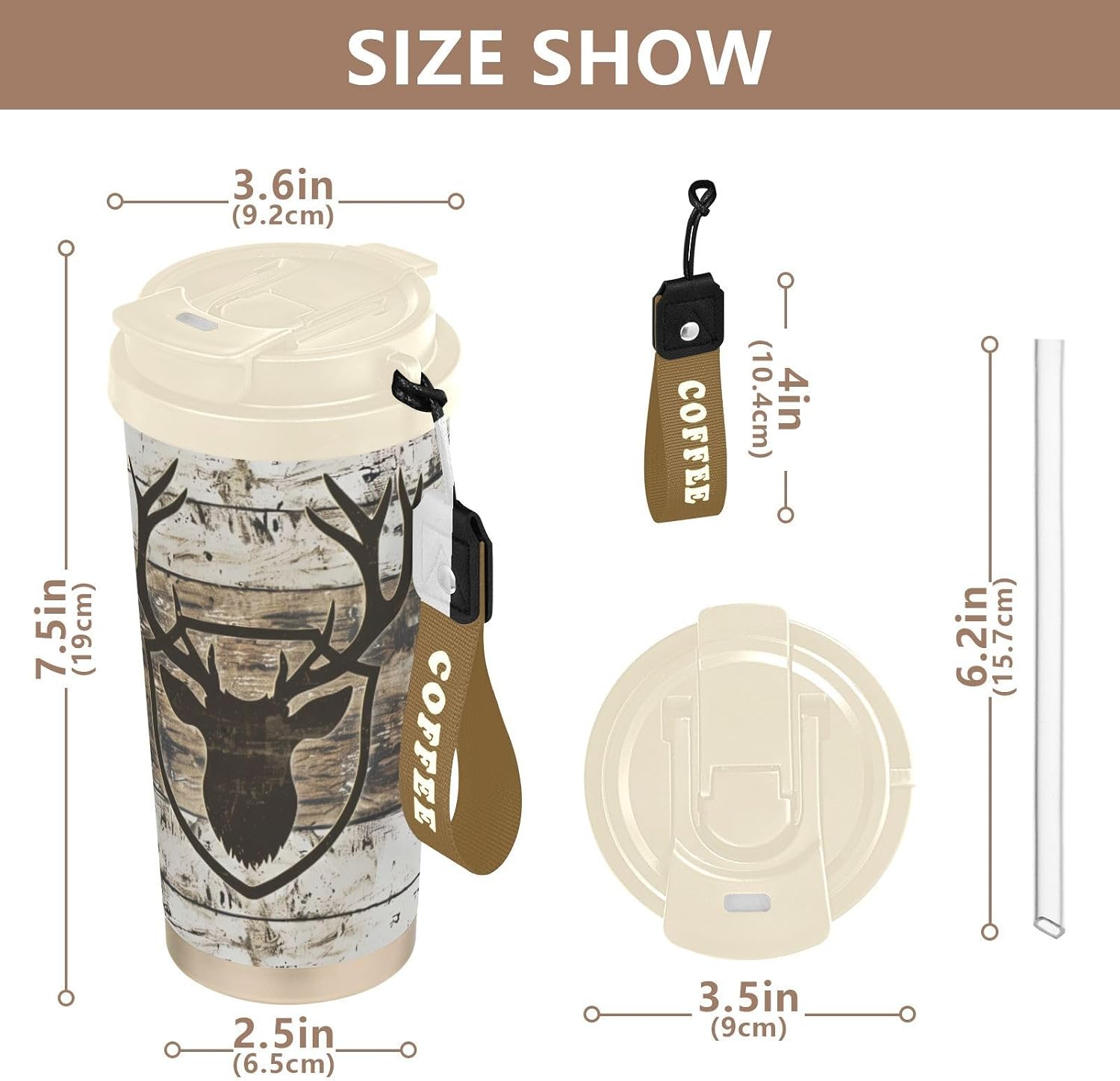 Rustic Wooden Deer Head Insulated Coffee Mug with Straw & Flip Lid, 16.9oz Iced Tumbler Cup, Double Wall Vacuum Leak-Proof Mug for Travel Office