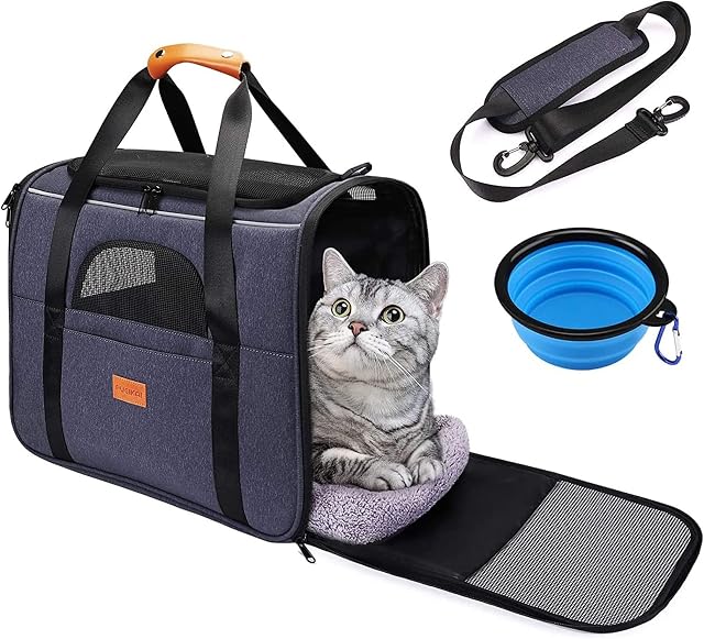 Cat Carrier Bag, Portable Foldable Pet Carrier Travel Bag for Cats and Small Dogs up to 15lbs, Breathable Airline Approved Dog Transport Carrier with Safety Inner Leash, Pet Bowl, Washable Mat