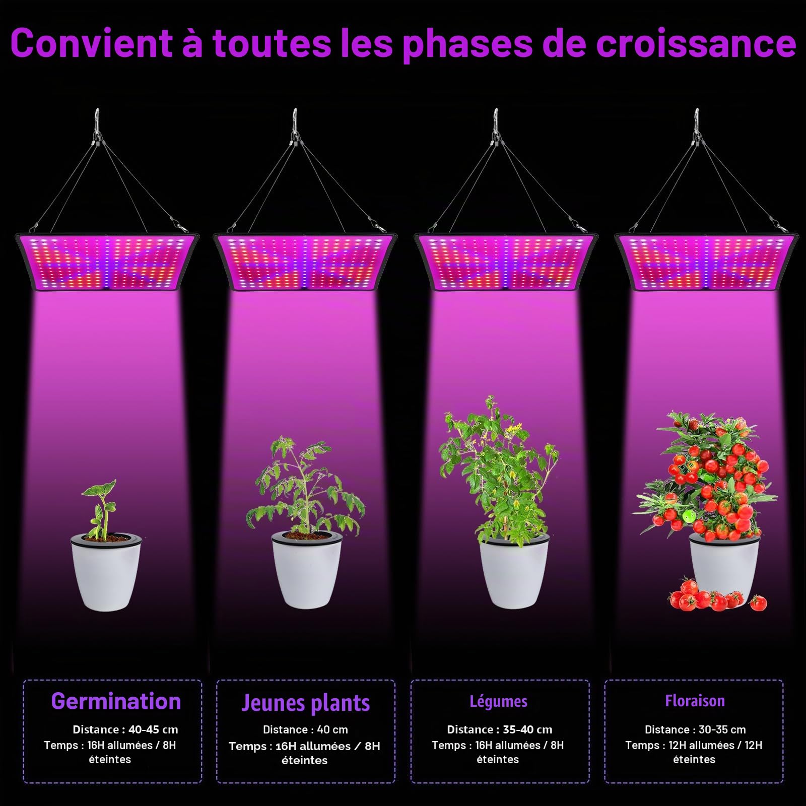 Lampe de culture LED à spectre complet, 225 LEDs, lampe de culture suspendue avec 4 crochets, lampe de croissance pour plantes, légumes, fleurs, 1000W, lumière LED pour plantes[Classe énergétique C]