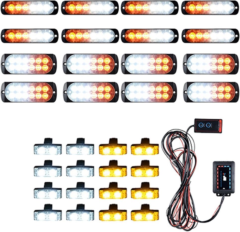 Astra Depot Combo Amber White (8X 6-LED and 8X 12-LED) with Set 8pcs White 8pcs Amber 2-LED Emergency Warning Hazard Strobe Lights Bar Indicate Switch Control Box