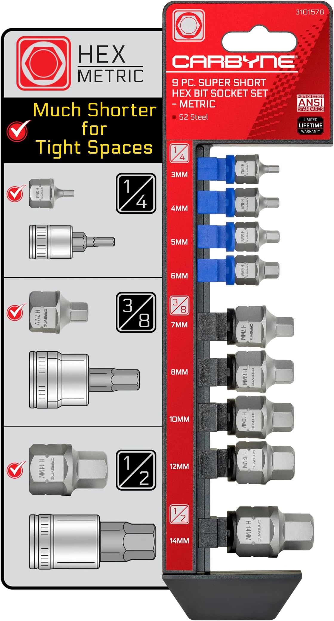 CARBYNE 9-Piece Metric Stubby Low Profile Hex (Allen) Bit Socket Set, 3mm to 14mm, S2 Steel, Super Short Allen Sockets, Dual Drive Internal Square and External Hex for Tight Confined Spaces