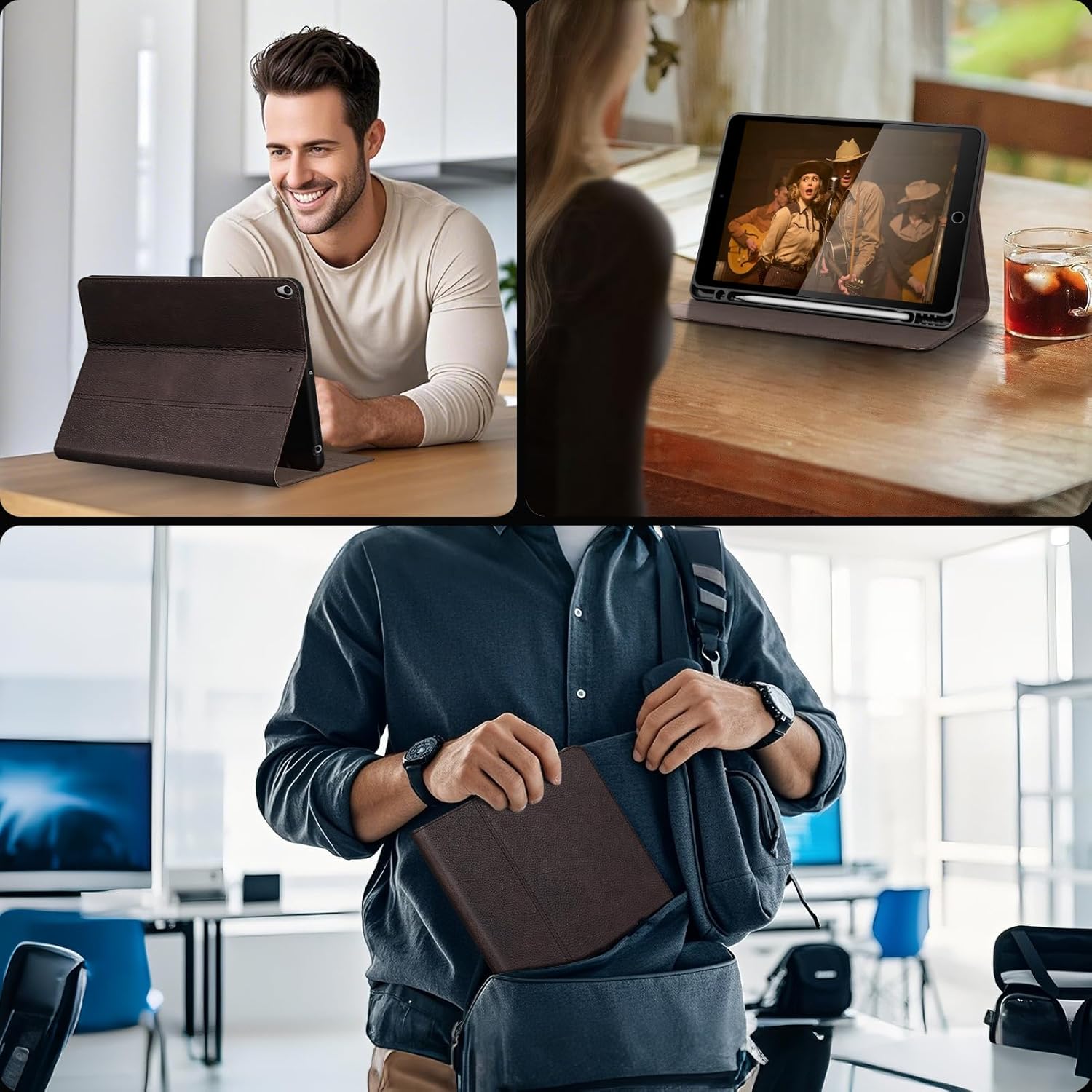Gexmil for iPad Air 10.5 Inch Case,3rd Generation(2019) Genuine Leather Cover with Pencil Holder,Cowhide Folio Cover Auto Sleep/Wake,Anti Fingerprint,Sand Dark Brown