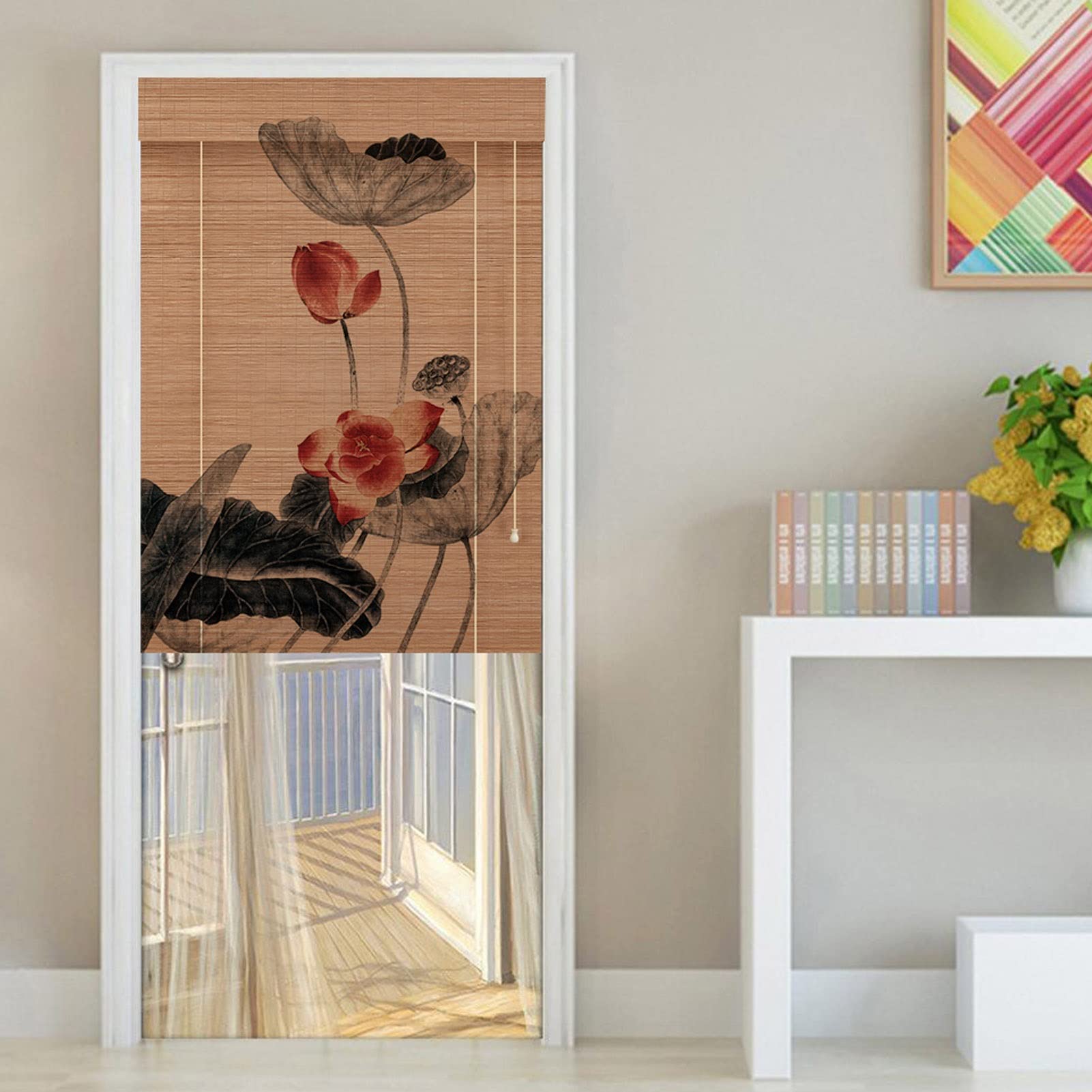 Nadrukowana Bambusowa Roleta (Wzór Lotosowy), Chiński Styl Roleta Rzymska z Valance, na Drzwi i Okna, Niestandardowy Rozmiar (Size : WxH80x130cm(31x51inch))