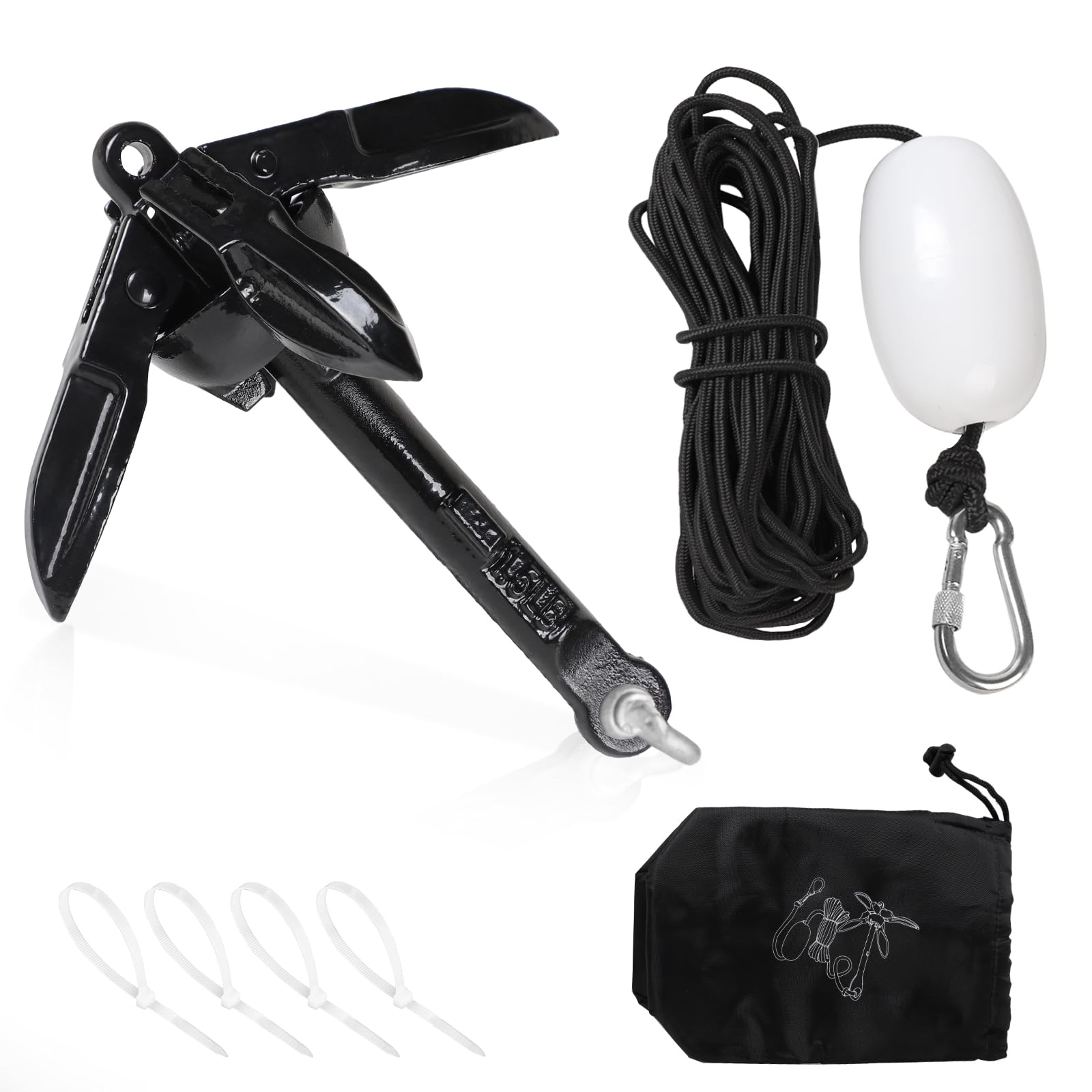 SWAWIS Anker Boot 0,7KG Bootsanker Bootszubehör Klappanker Sup Anker mit 20M Ankerleine Bojenkugel und Aufbewahrungstasche für Schlauchboot Belly Boot Tretboot Paddelboot, Schwarz