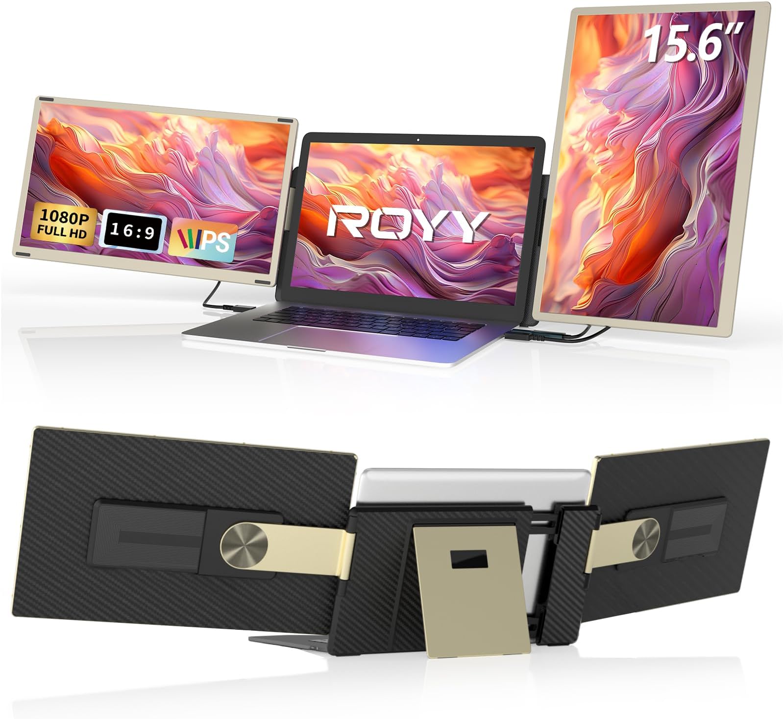 ROYYLaptop Screen Extender Triple Monitor - 15.6" Detachable Portable Monitor 120% sRGB FHD 1080P IPS 235 Degrees Rotation Extra Screen Compatible with Mac Wins Dex Chrome Fits 13-17" Laptop