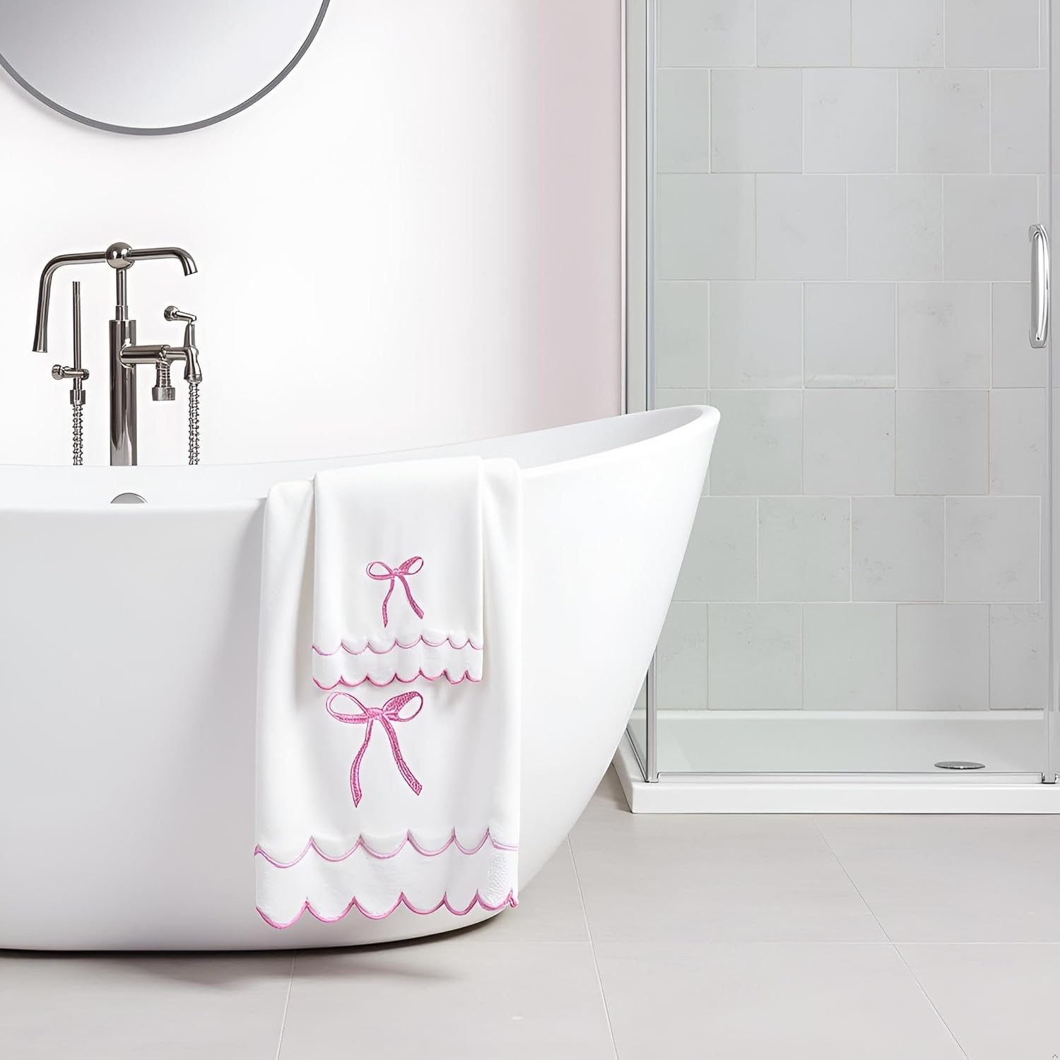 4 Pcs Scalloped Towels for Bathroom 100% Cotton 2 Bath Towels 2 Hand Towels Scallop Bathroom Towels Embroidered Dish Towel Decorative Soft Bath Towel for Kitchen (Bow Pink, 2*Bath+2*Hand towel) - Image 4