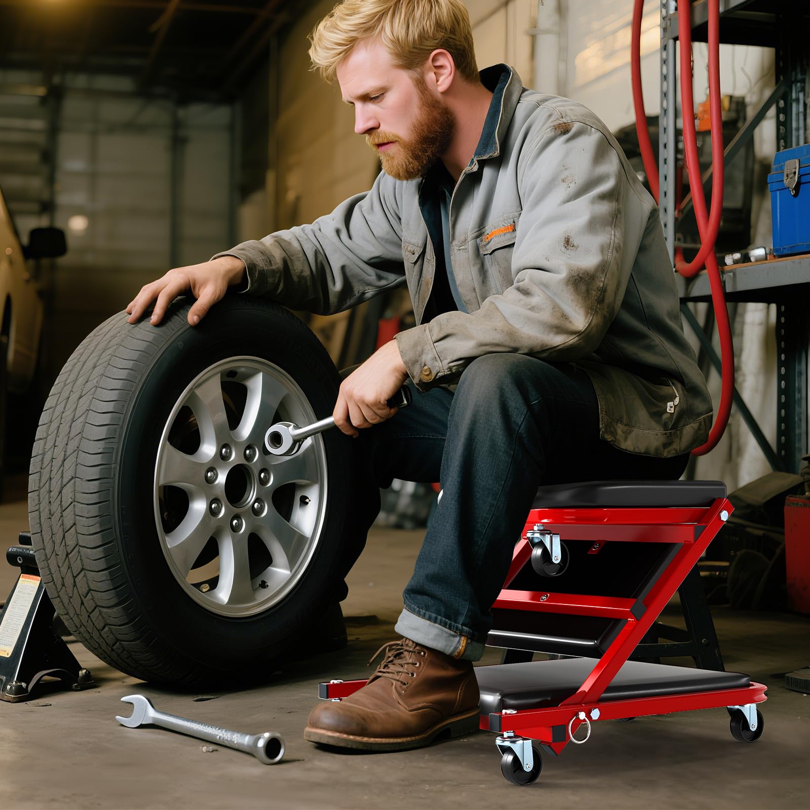 COSTWAY Camilla Mecánico 2 en 1, Taburete Taller Plegable con Asiento Acolchado y 6 Ruedas Universales, Taburete Convertible para Taller, Reparación de Autos, Carga hasta 150 kg (Negro)