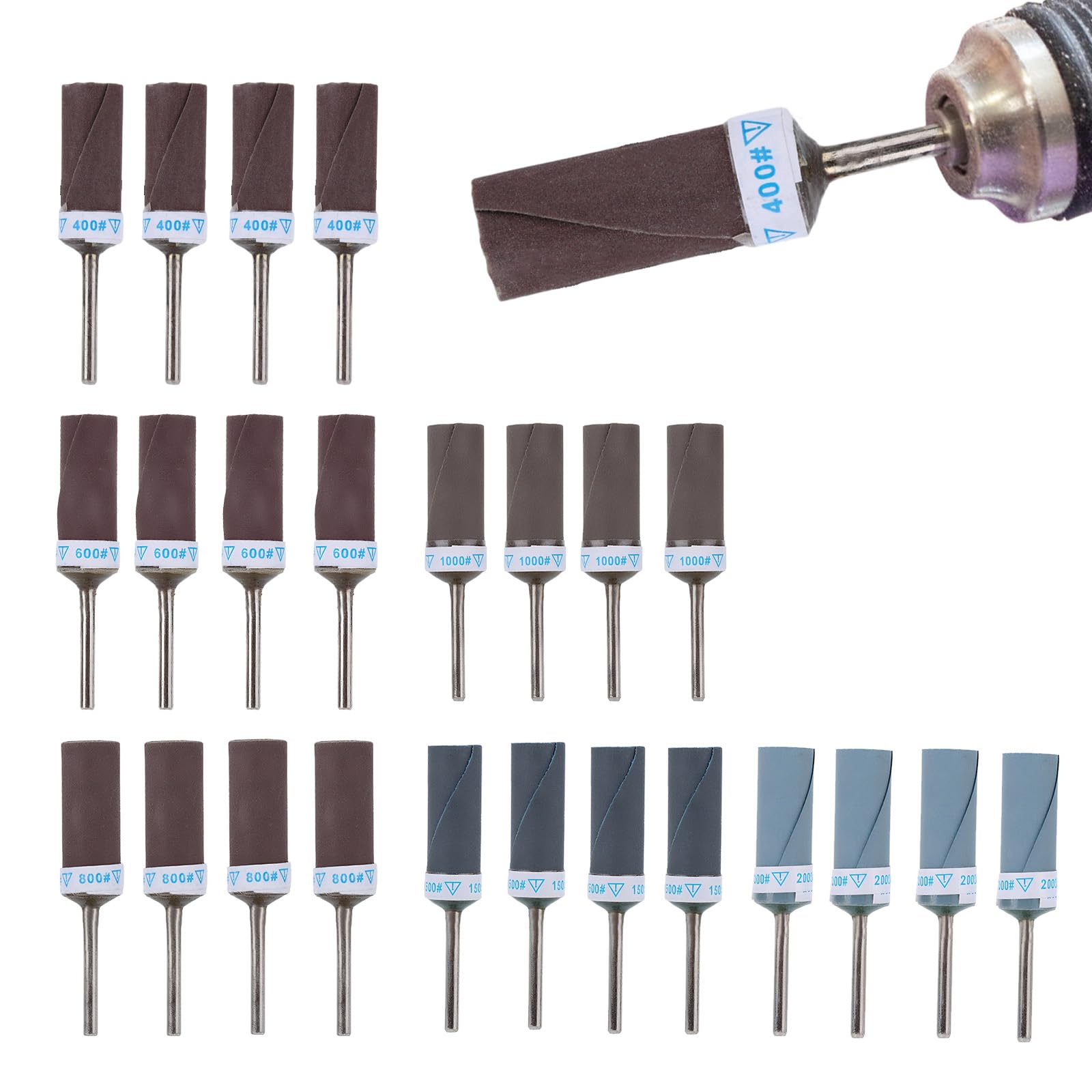 24pcs Sanding Drums for Dremel Rotary Tool, 400-2000 Grit Sander Bits Kit with Mandrels Supplies Accessories for Wood Metal Plastic Jade Stone Polishing Grinding
