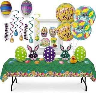 PMU 29 Pcs Easter Decorations and Basket Essentials Set – Tablecloth, Egg Danglers, Egg Whirls, Bunny Decor, Window Clings, Mini Egg Cutouts, Inflatable Eggs and Balloons