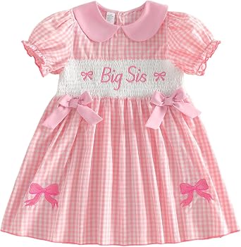 Toddler Girl Summer Dress A-line Plaid Short Puff Sleeve Doll Collar Letter Bow Embroidery Dresses Big Sis Clothes