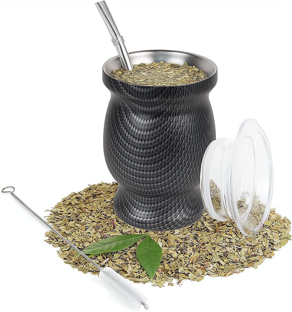 Yerba Mate Tea Cup, Stainless Steel Double Walled Easy Wash Household Insulation Cup, Mate Gourds for Yerba Mate Loose Leaf Drinking, Includes Bombilla Straw and Cleaning Brush, 230 ML (Black Grid)