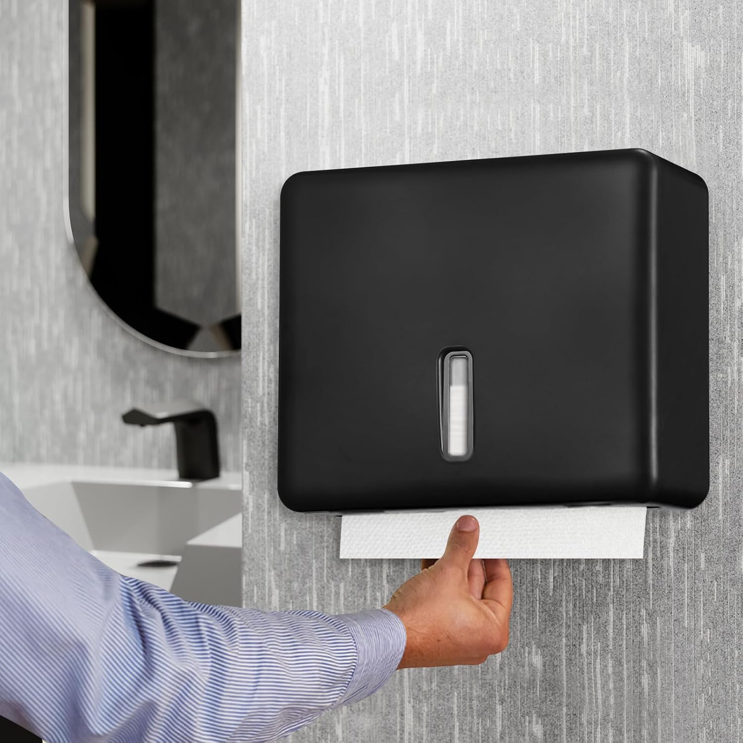 2-Pack Multifold Paper Towel Dispenser Wall Mount (Black) – Large Capacity C-Fold, Trifold, and Folded Commercial Hand Towel Holder for Bathroom & Restroom – Adhesive or Screw Mounted - Image 7