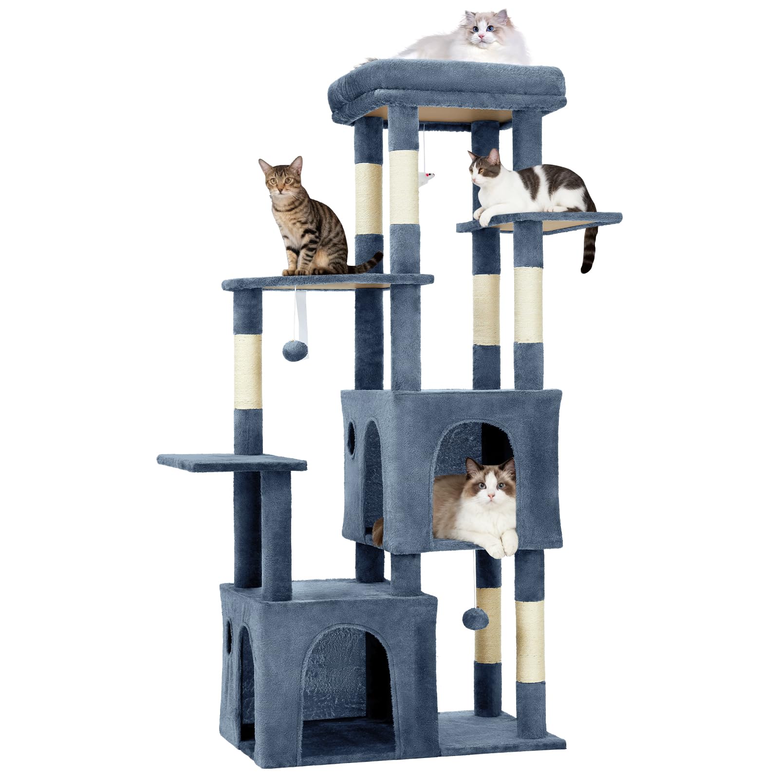 Garvee Árbol para gatos, torre para gatos de interior, muebles de casa de gatos de varios niveles de 156 cm con posadera, poste rascador de sisal, 2 espaciosos condominios y juguetes de juego, centro