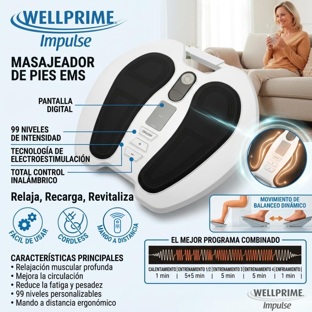 WELLPRIME Impulse Masajeador de Pies EMS con Mando a Distancia - Electroestimulador Muscular y Circulación, 99 Niveles de Intensidad