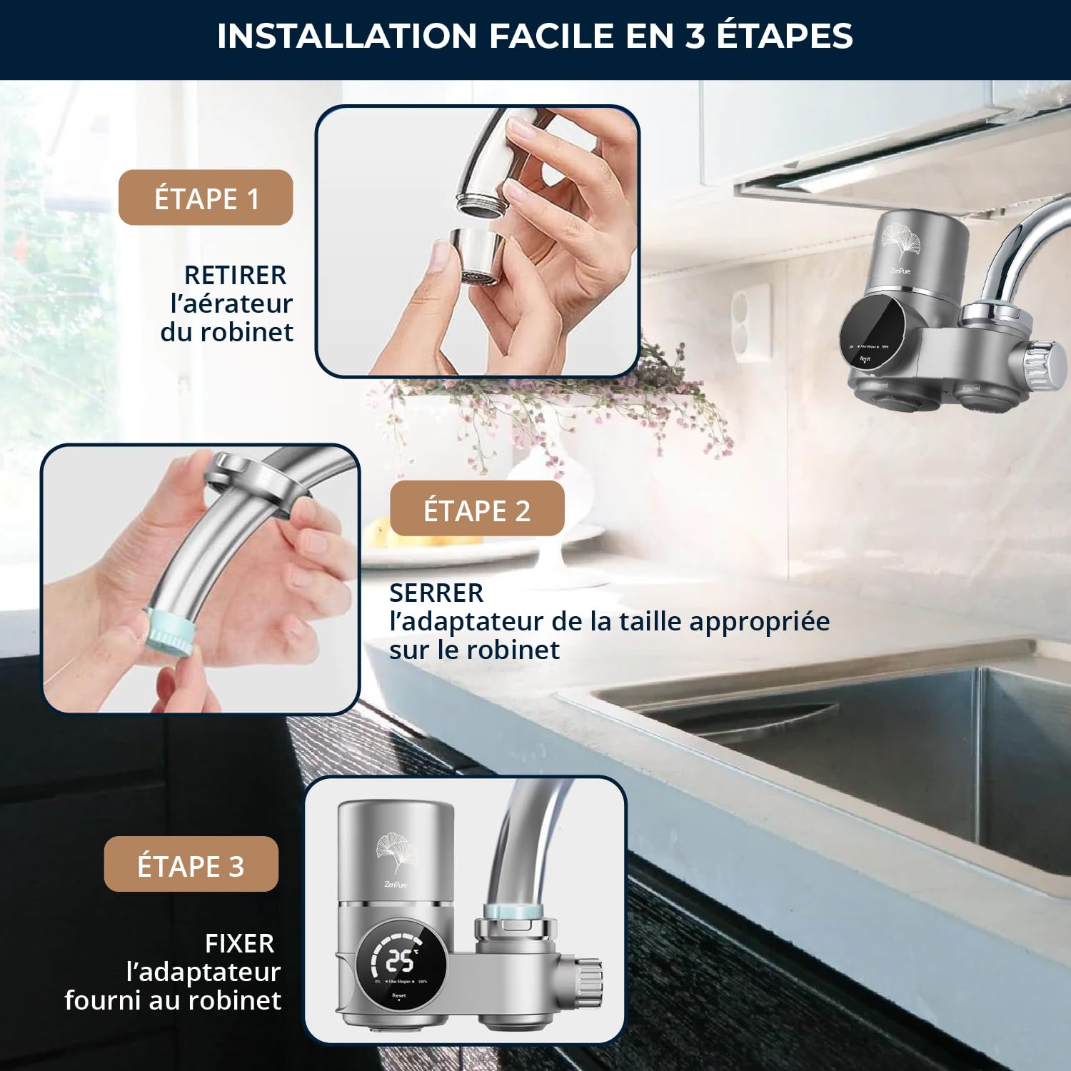 Zen Pure – Filtre Eau Robinet LED | Purificateur d’Eau Potable | Anti-Calcaire | Charbon Actif | 6 Étapes | Installation 30s | Cartouche Remplaçable – UniversZen