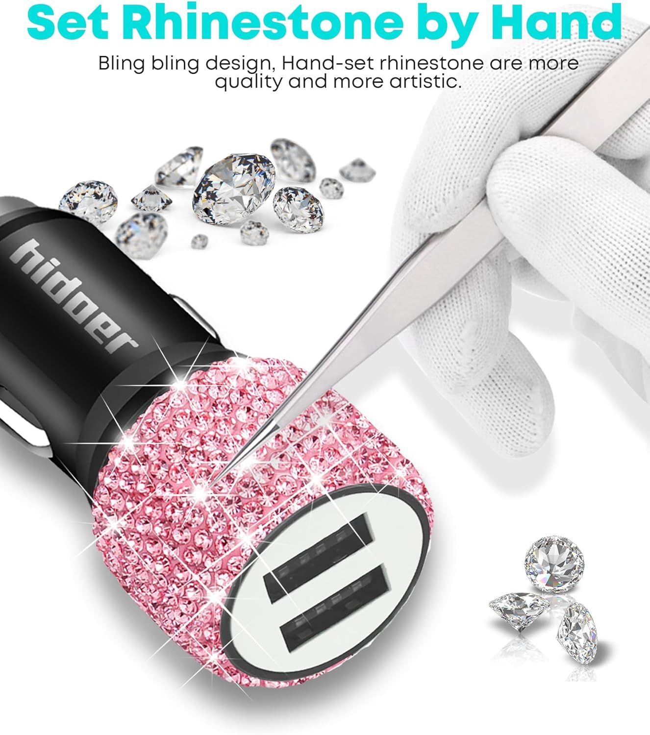 Bling USB Car Charger 5V 2.4A Pink Crystal Decor Dual Port Fast Adapter with 4ft Nylon Type C Micro USB 3 in 1 Multi Charging Cable for iPhone iPad Android, Auto Interior Accessories for Women - Image 5