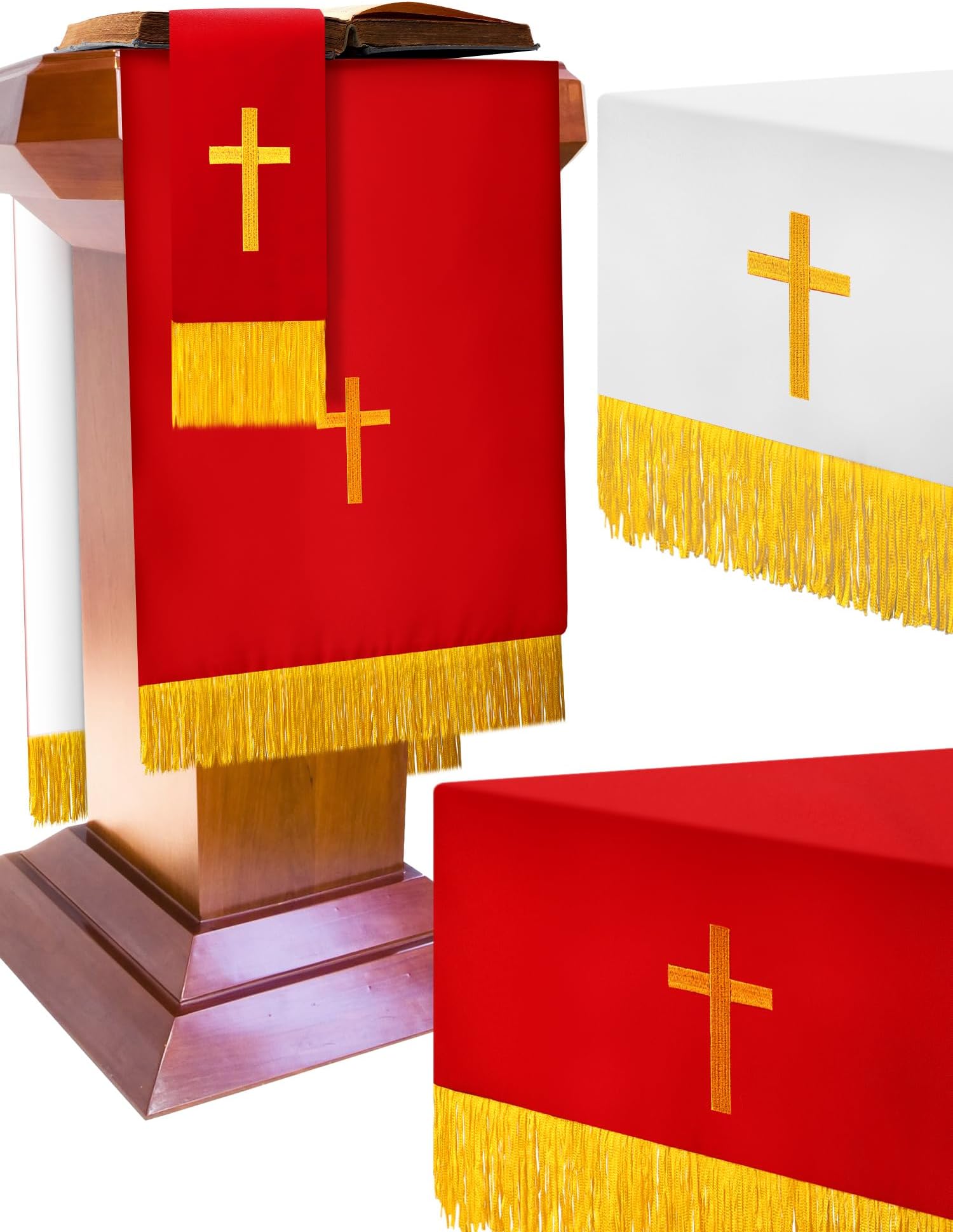 Cutecrop Set of 3 Reversible Parament Set Clergy Table Runner Bookmark Pulpit Scarf with Gold Cross Church Pulpit Accessories for Christian Pentecost Gift(Red and White)