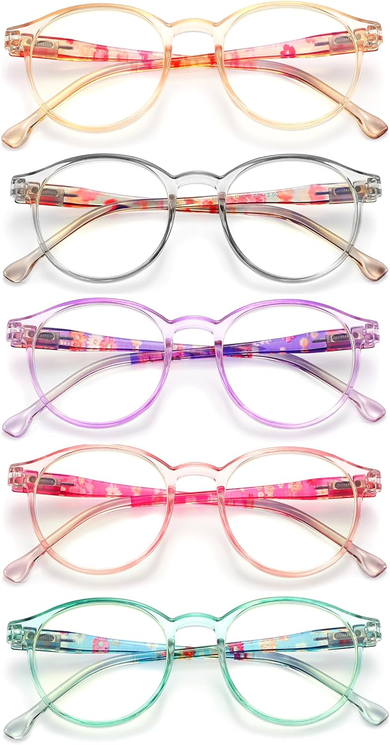 5 Pack Blue light blocking Reading Glasses for Women with Spring Hinge, Round, 5 Colors, PC frame, Lightweight