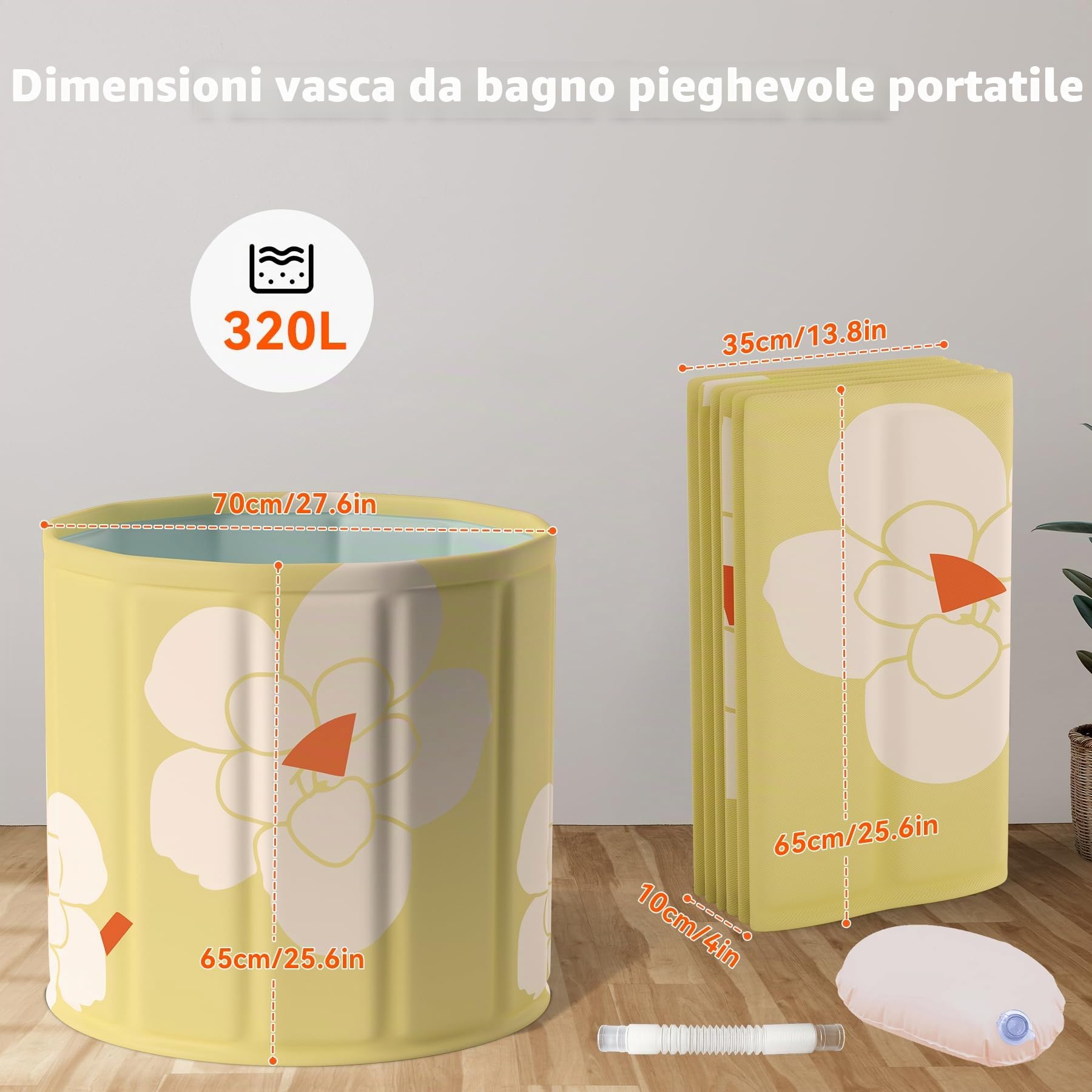Vasca da bagno Portatile per Adulti - Vasca da Bagno Freestanding con Doccia Spa, Termoregolazione Ghiaccio/Caldo,Ideale per SPA Domestica e Viaggio- Versione Compact 70x65 cm Giallo
