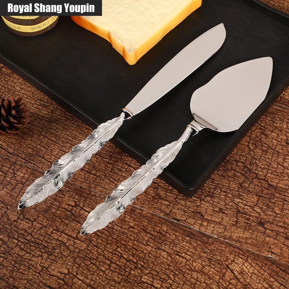 Cake Knife Shovel Server 2 Piece Set Exquisite Feather Knife Handle Cutlery Household Banquet Cake Bread Pizza Cutting Supplies Tableware (Silver)