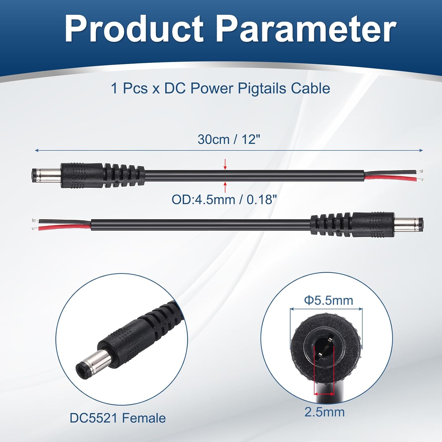 MECCANIXITY DC Power Pigtails Cable, 5.5mm x 2.5mm Male Barrel Plug Connector to Bare Wire Open End 30cm for PC Laptop Toys Cellphone Electronic Devices