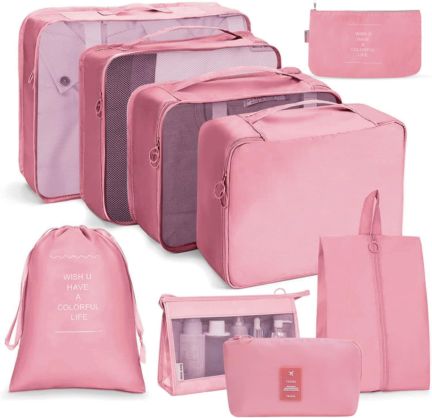 OSDUE Organisateur de Voyage, Lot de 9 Organiseurs de Bagage pour Voyage,Différents Tailles des Cubes Étanche Sacs de Voyage Rangement (Rose)