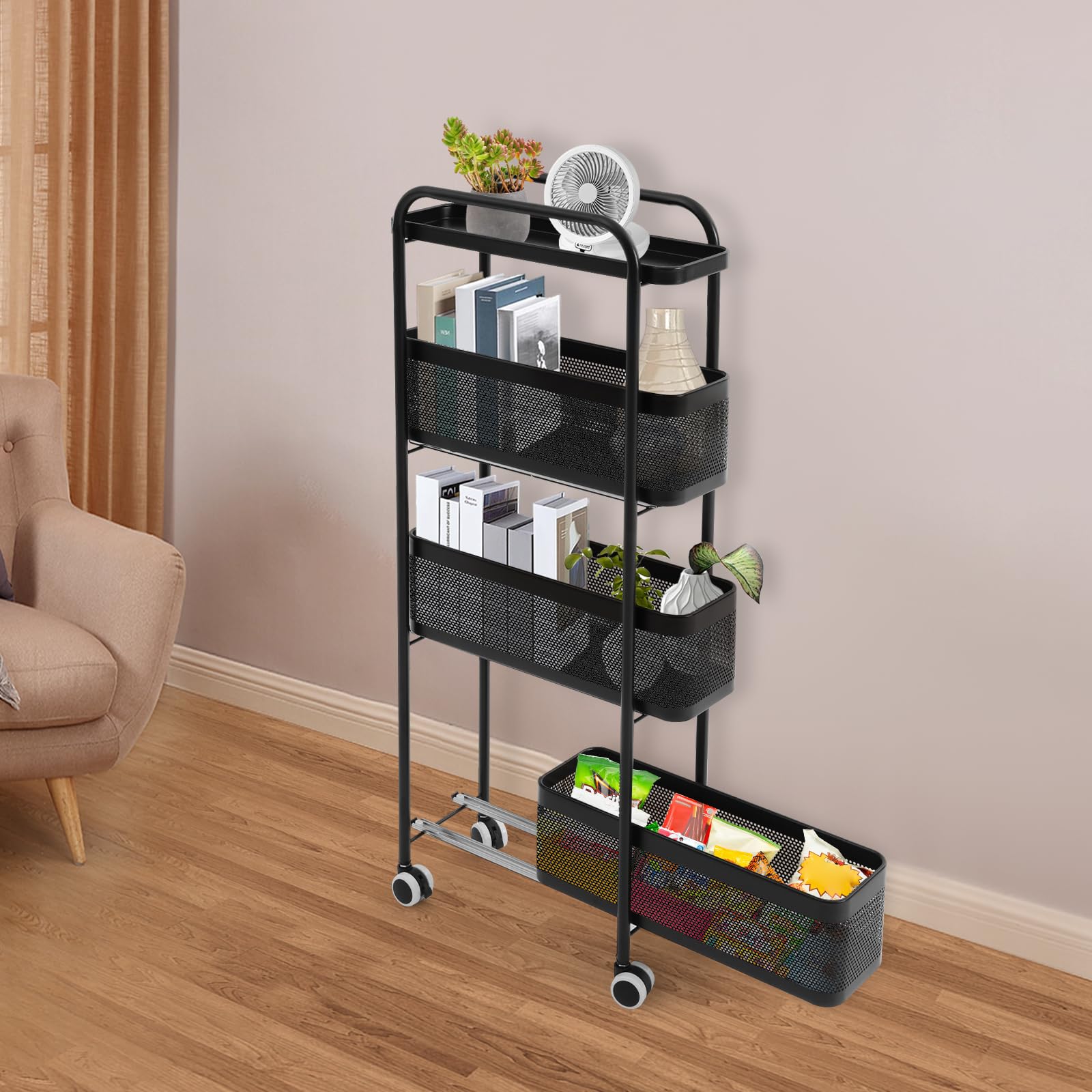 Carrello da cucina sottile, 4 ripiani, con cestini estraibili, nero | Carrello portaoggetti stretto, salvaspazio per piccoli spazi, cucina, soggiorno, bagno, 40 x 15 x 89,5 cm