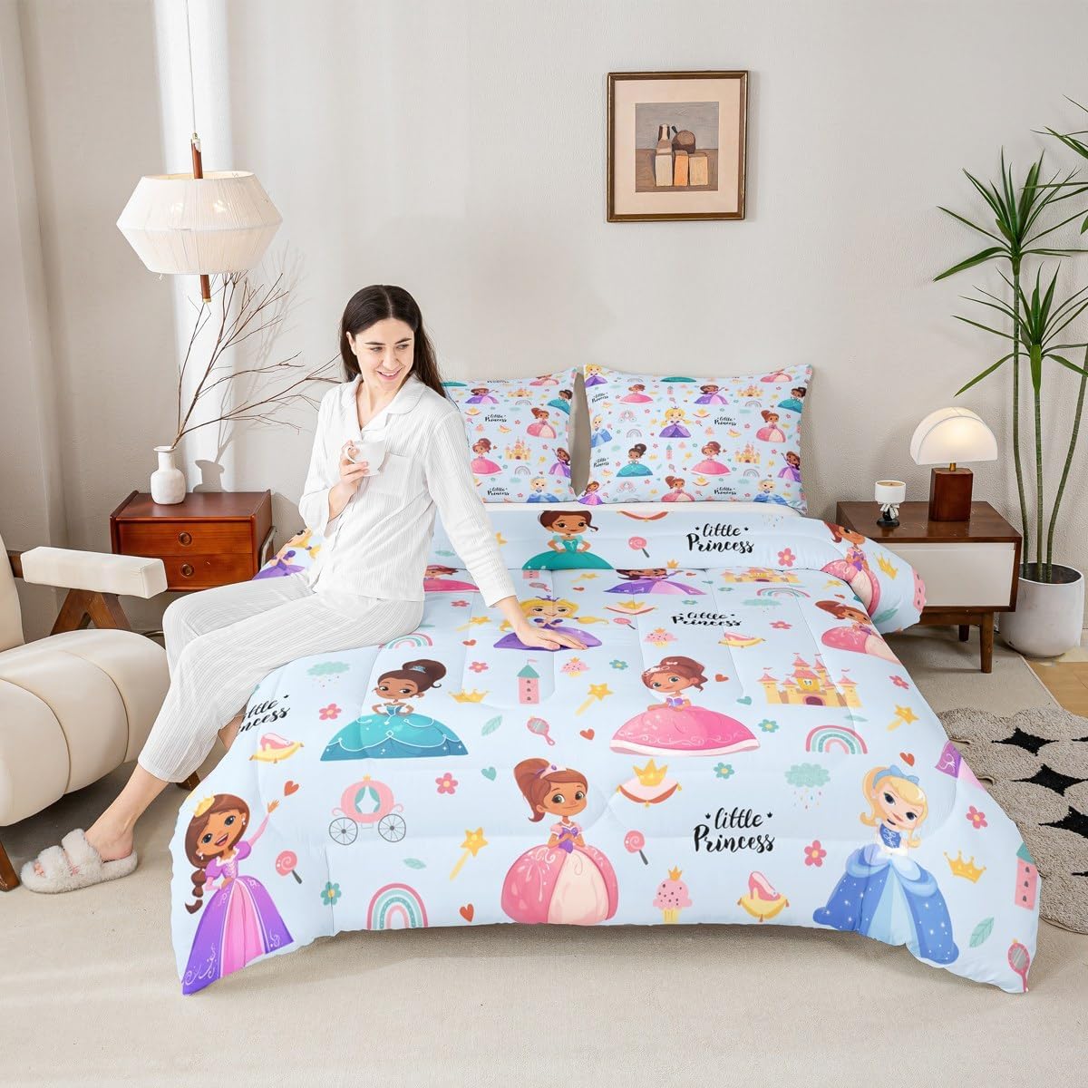 Erosebridal Kids Magical Princess Toddler Bedding Set, Baby Blue Castle Soft Bed Set for Bedroom, Cartoon Kawaii Princess Breathable Quilt Set for Girl, Cute Girly Rainbow Down Comforter