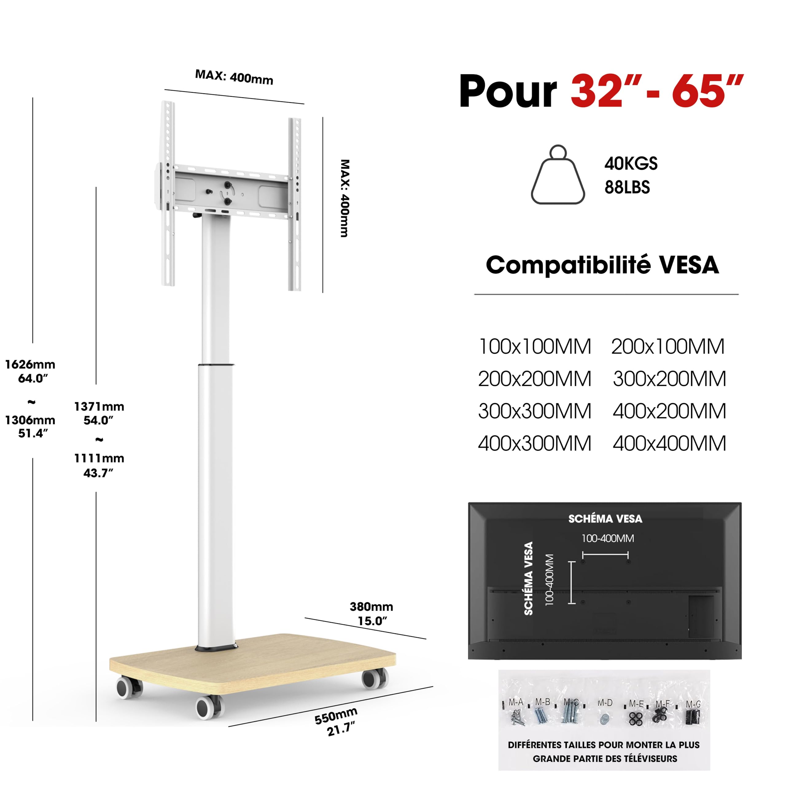 AOKCOS Support TV roulettes avec Base en Bois pour TV de 32-65 Pouces Horizontal et Vertical-Support TV sur Pied Plus Haut 1306-1626 MM Inclinaison 12° jusqu'à 35 KG Max. VESA 400x400mm