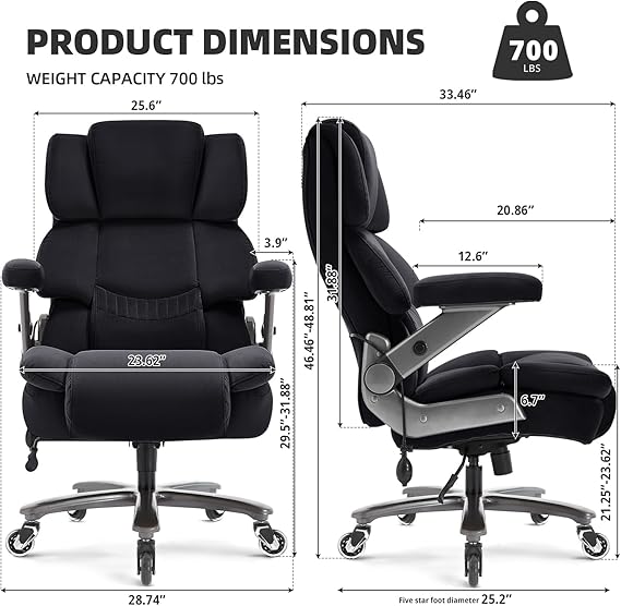 VUZI 700LBS Large Heavy Duty Office Chair with 3D Flip Arms, Big and Tall Plus Size Fabric Executive Desk Chairs, High Back Extra Wide Computer Chair with Adjustable Lumbar Support, Sturdy Metal Base