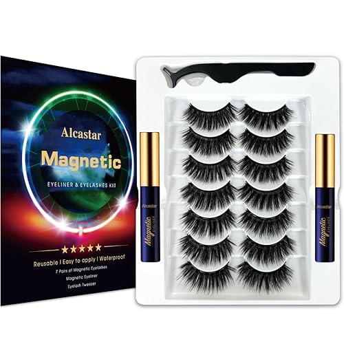 Alcastar Pestañas magnéticas de aspecto natural, pestañas magnéticas con kit de delineador de ojos, 2 tubos de delineador magnético para pestañas