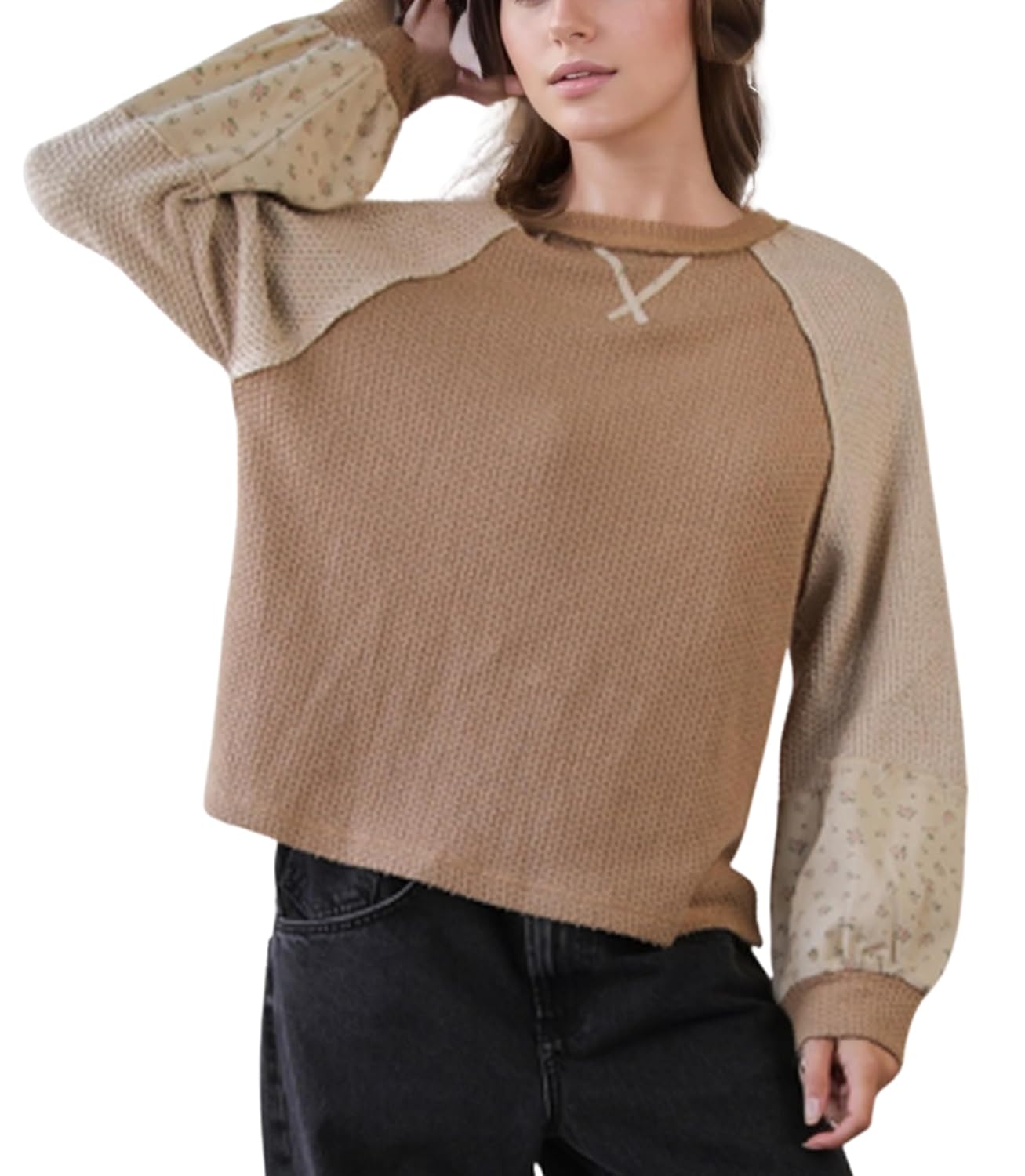 Womens Raglan Sleeve Color Block Textured Knit Top Long Sleeve Pullover with Floral Printed Contrast