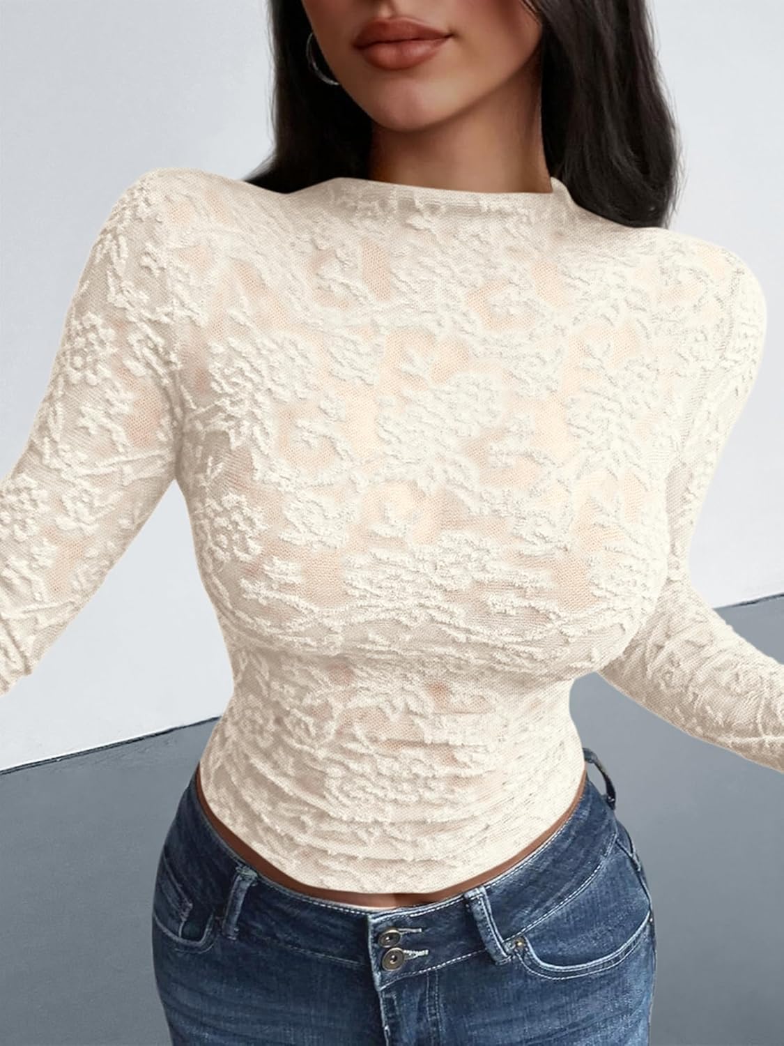 BTFBM Mesh Long Sleeve Tops for Women Lace Sexy Sheer Tight See Through Crew Neck Spring Fall 2026 Party Club Outfits - Image 2