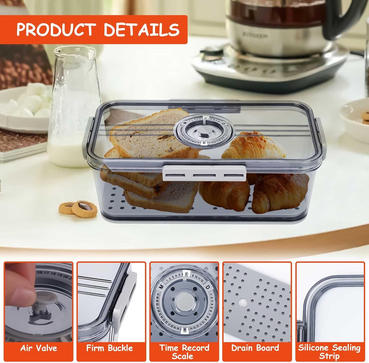 [LHYTFPGYL] キッチンカウンタートップ用ブレッドボックス気密、蓋付き時間記録保存容器、12.8 * 6.89 4.33イン