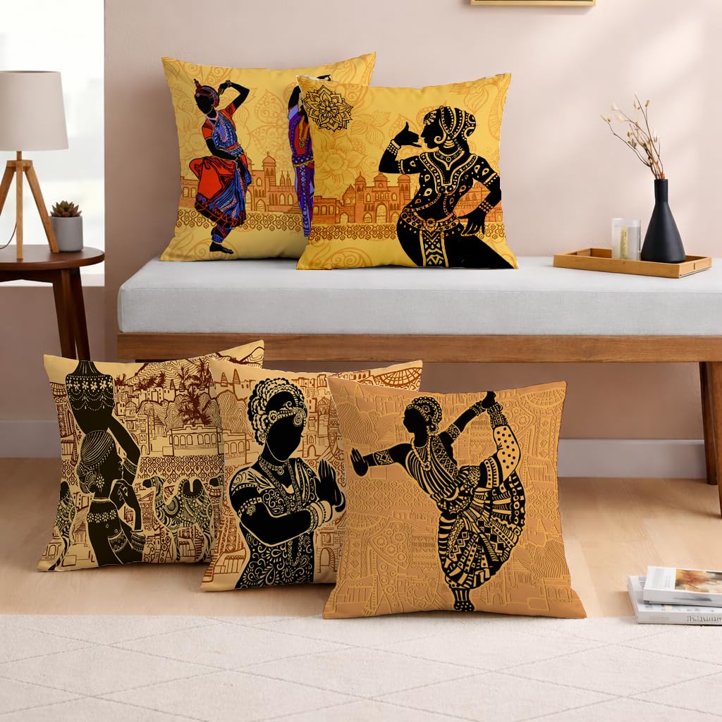 STITCHNEST Jute Indian Traditional Dance Bharatanatyam Printed Brown Cushion Covers, Set of 5 (12 x 12 Inches)-image-19