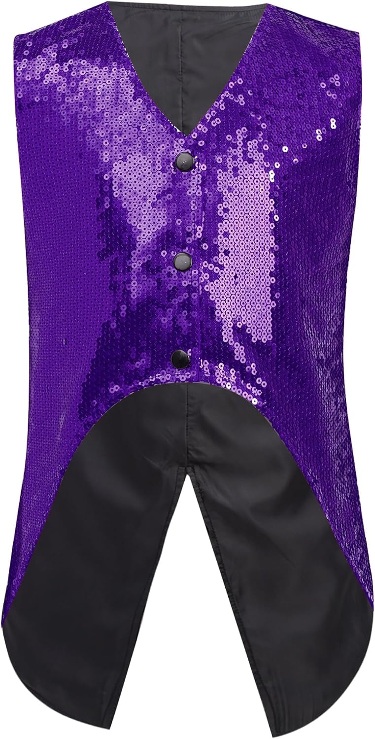 Freebily Kids Boys Sparkly Sequin Tails Vest Sleeveless Tailcoat Jacket Suit Swallowtail Tuxedo Waistcoat