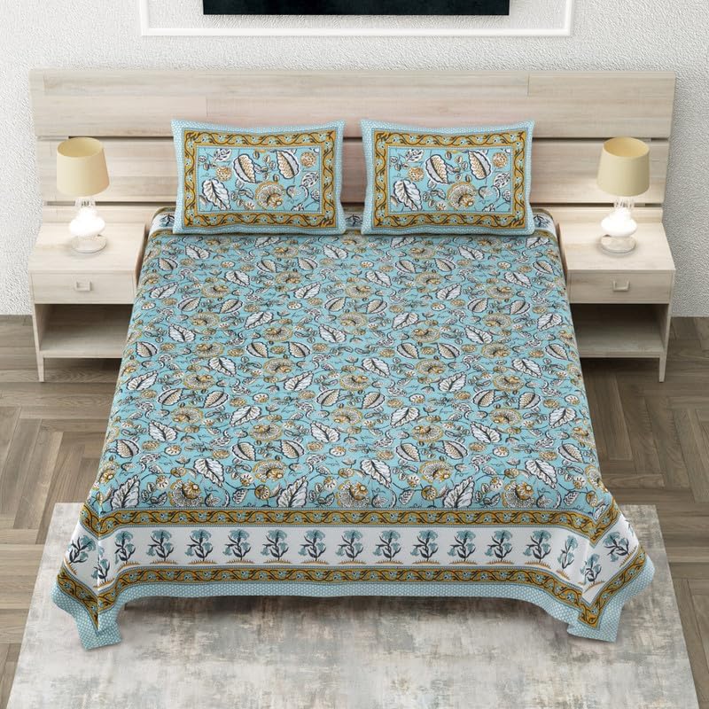 100% Pure Cotton Leaf Pattern Divane Double Bedsheet | Breathable - 300 TC King Size Flat Bed Sheet with Matching Pillow Covers | Bed Linen for Home Décor & Gifting | 108 x 108 Inch | Blue