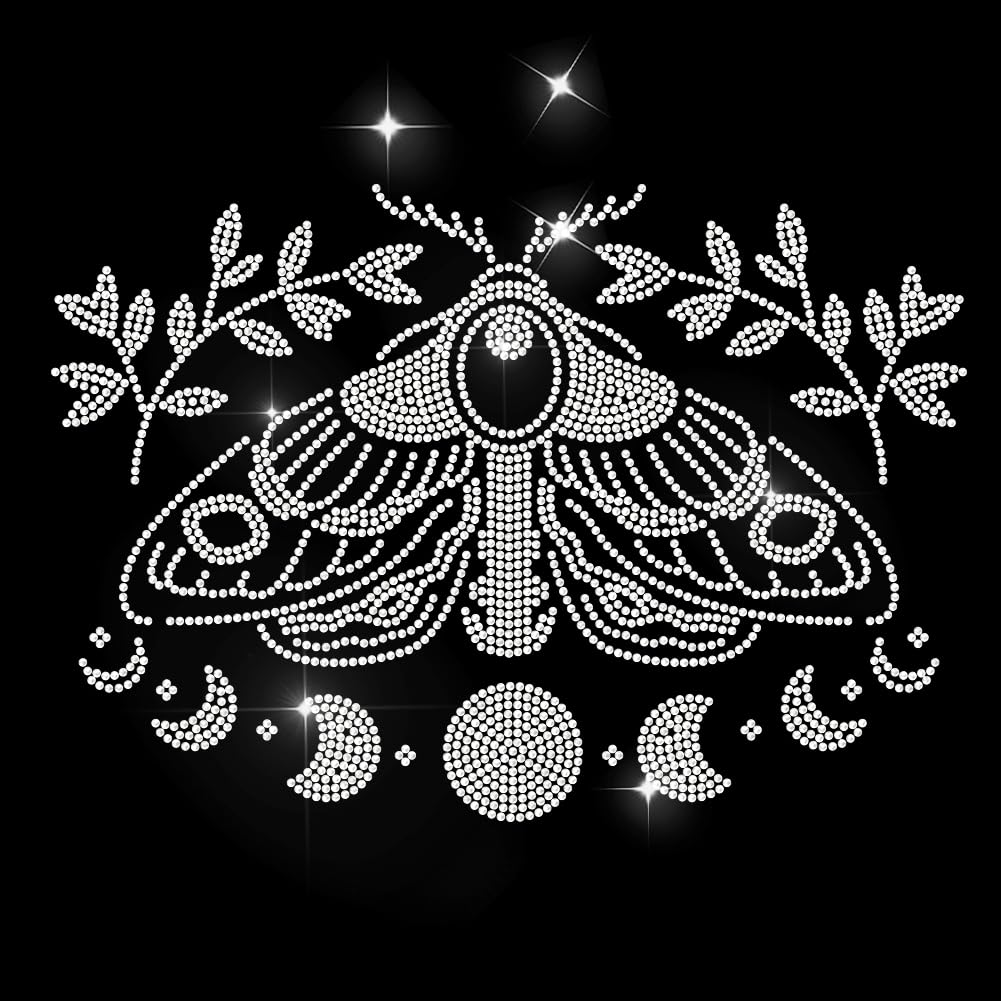 MAYJOYDIY Moth Moon Phase Rhinestone Iron on Hotfix Transfer Branch Leaves Star Heat Transfer Sticker Bling Rhinestone Clothing Decoration Applique for Shirt Bag Hat Jacket Jeans Shoes DIY Crafts