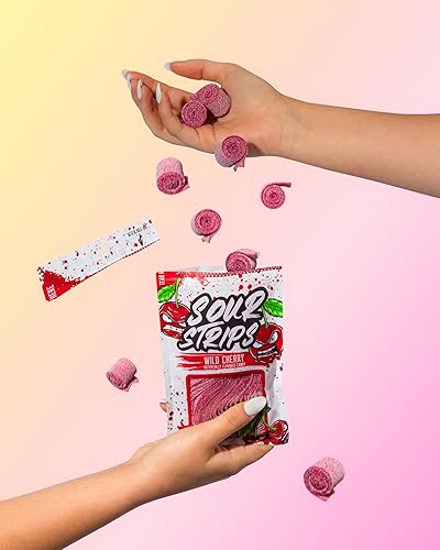 Miniatura 4 de Sour Strips Tiras de caramelo agrio saborizado, cinturones de caramelo masticables deliciosamente ácidos, dulces vegetarianos, paquete de 3 (cereza